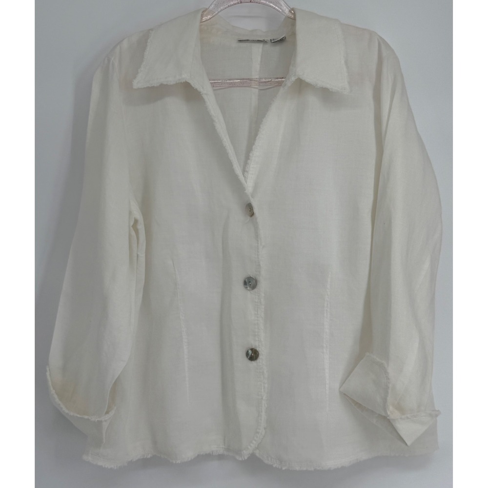 Toto n Ko White 100% Linen Button Up Shirt Fringe Trim Plus Long Sleeve Sz 1X